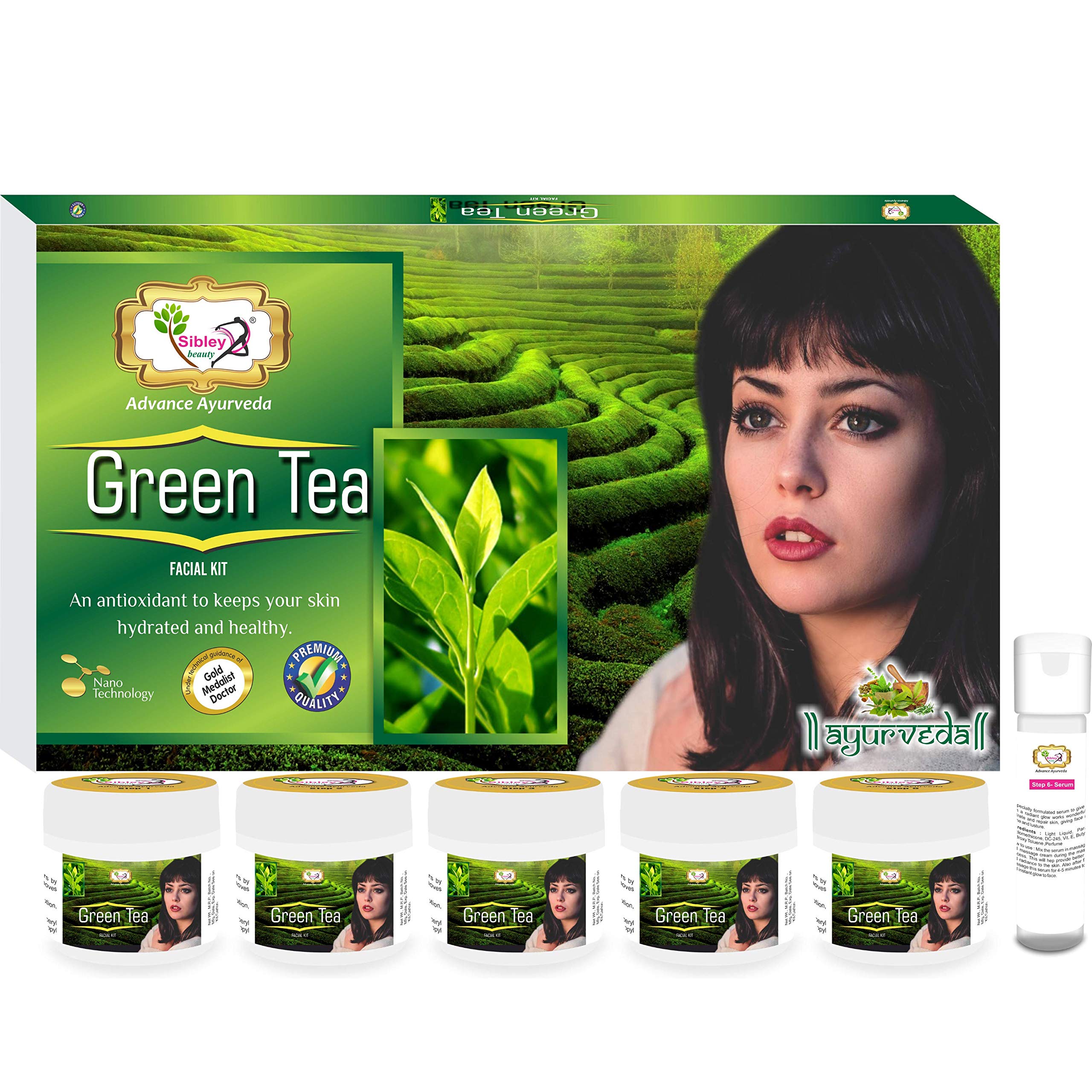 Sibley Beauty Green Tea Anti-Aging Facial Kit (155g + 10ml) - Pack of 6 | Brightening & Glow Facial Treatment for All Skin Types (Oily, Dry, Normal, Combination) | Perfect for Men & Women | Daily Skincare Routine & Spa Day at Home