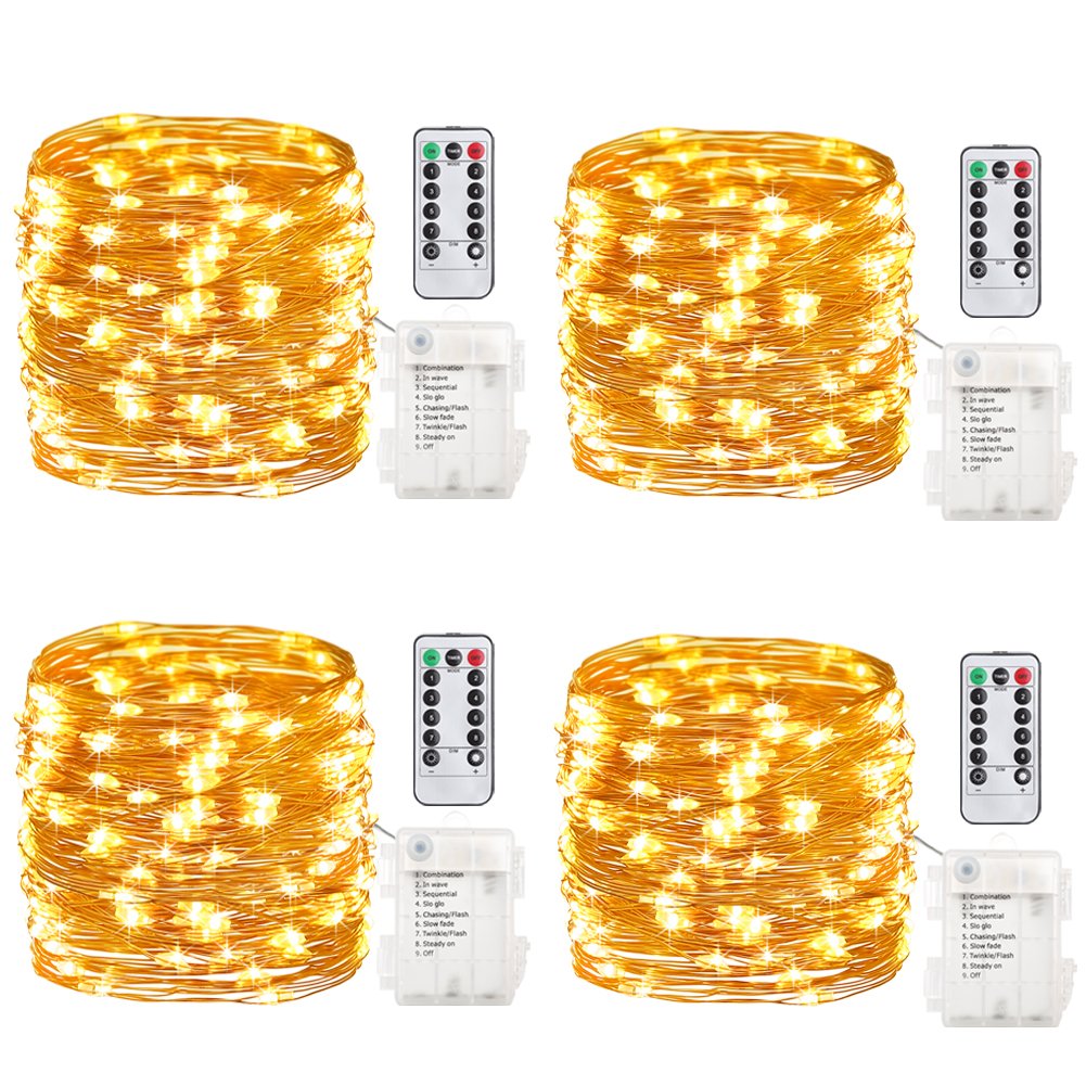 GDEALER 4 Pack 16.4ft 50 LED Fairy Lights Battery Operated with Remote & Timer - Waterproof Copper Wire String Lights for Christmas Decor, Bedroom, Wedding, Outdoor, Indoor, Dorm - Warm White Twinkle Lights for Party, Garden, Patio, Tree, Holiday Decoration