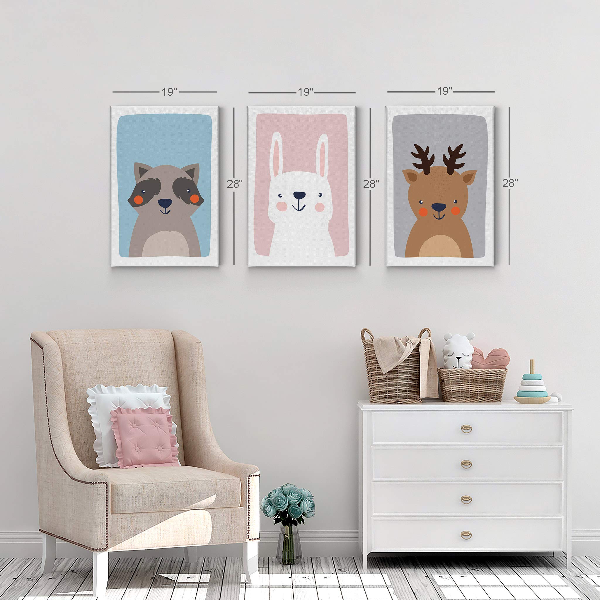 Cute Raccoon Rabbit Deer Canvas Wall Art Set - 3 Piece Nursery Decor with Blue Pink Gray Background | Ready to Hang Kids Room Decor for Baby Boy & Girl | Made in USA (28x19 inches x3) | Perfect for Nursery, Playroom & Children's Bedroom Decor
