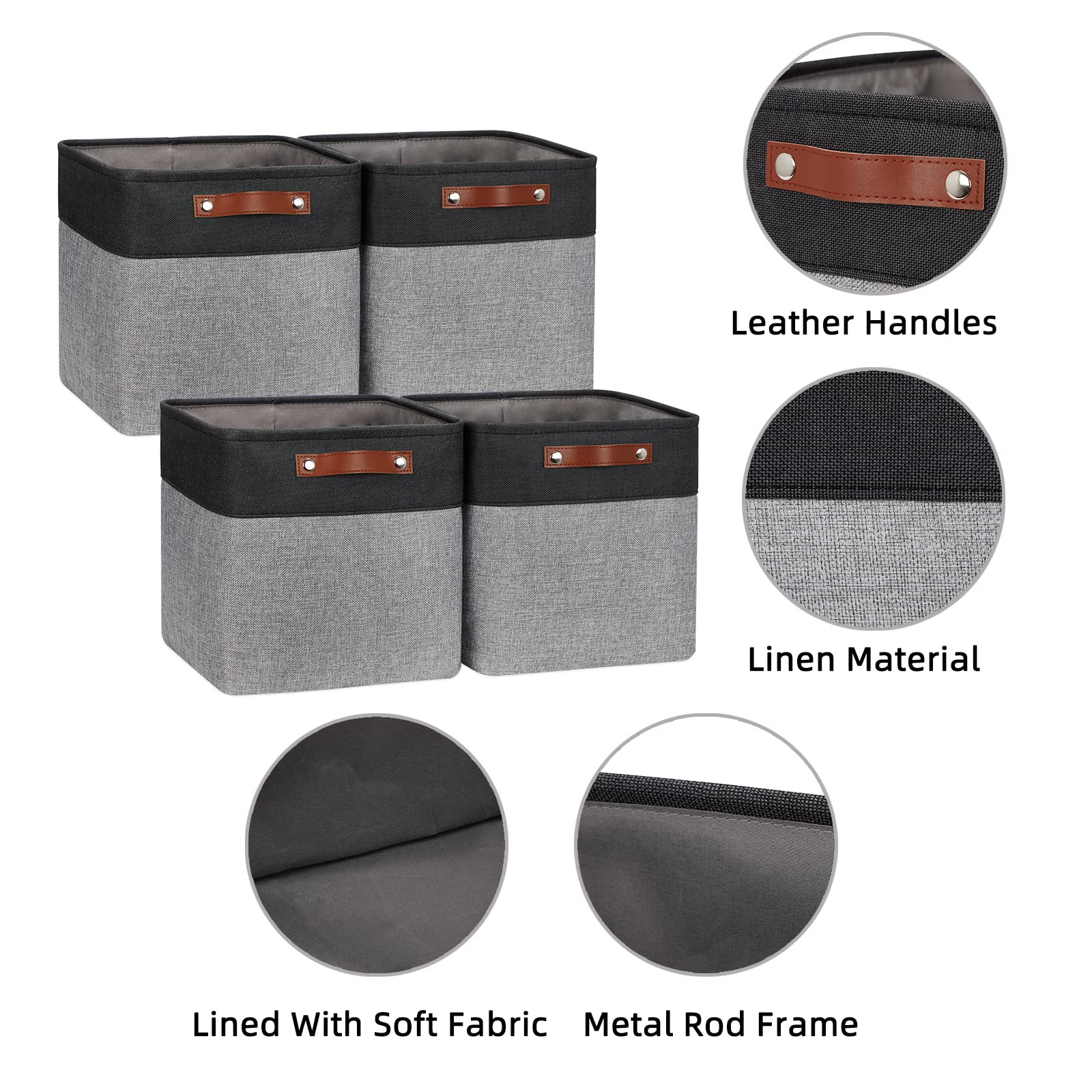 HNZIGE 11x11 Inch Fabric Cube Storage Bins - Set of 4 Foldable Organizer Baskets with Handles for Shelves, Closet, Nursery & Bedroom - Perfect for Home, Toy & Clothes Organization (Black & White)