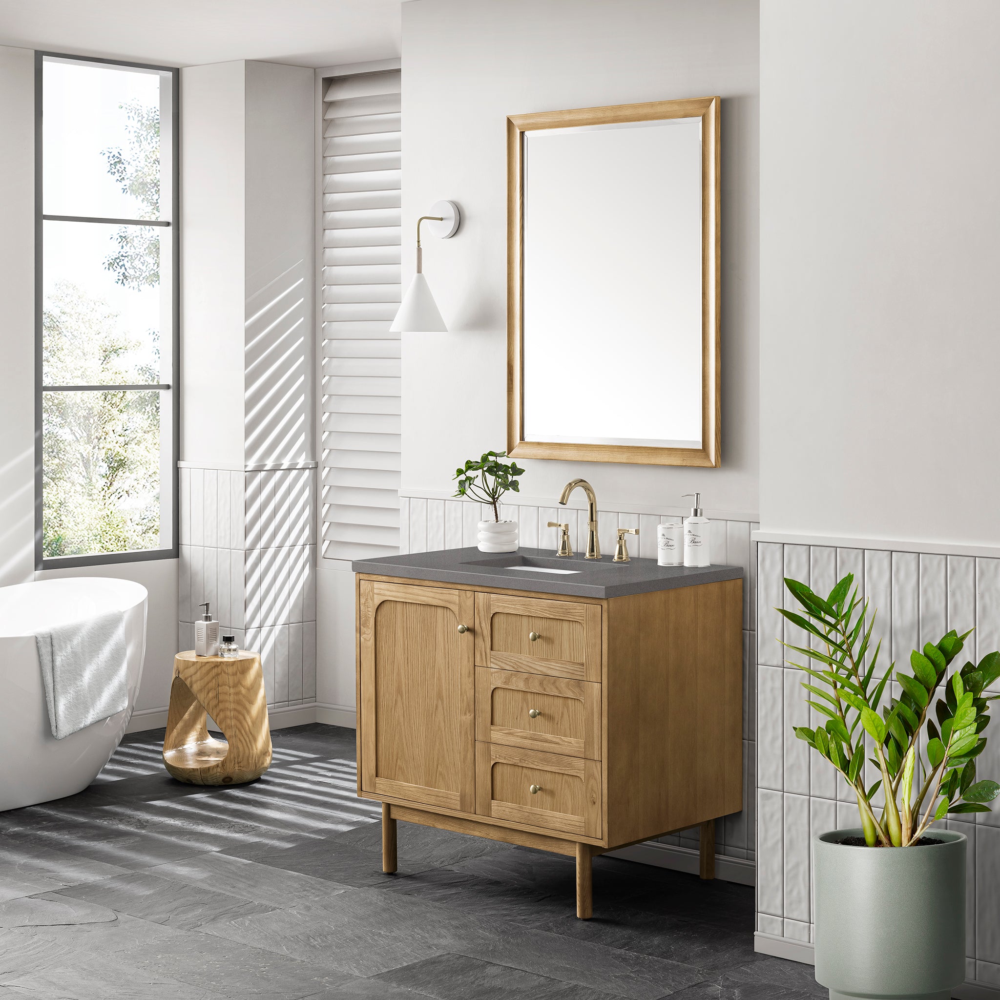 Laurent 36 Inch Single Bathroom Vanity with Light Natural Oak Finish & 3CM Grey Expo Top - Perfect for Modern Home Bathroom Remodeling and Space-Saving Design