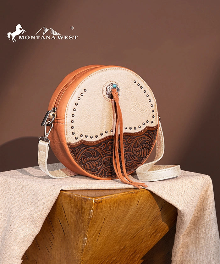 Montana West Tooled Leather Circle Crossbody Bag for Women - Stylish Boho Shoulder Purse for Everyday Use, Travel & Shopping
