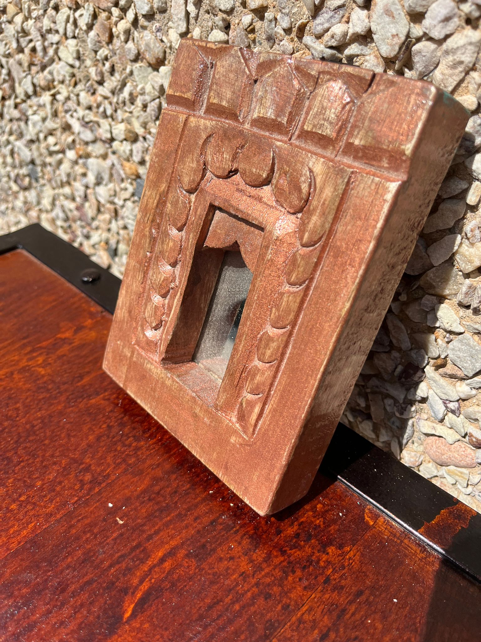 Hand Carved Indian Solid Wood Temple Mirror - Brown 114