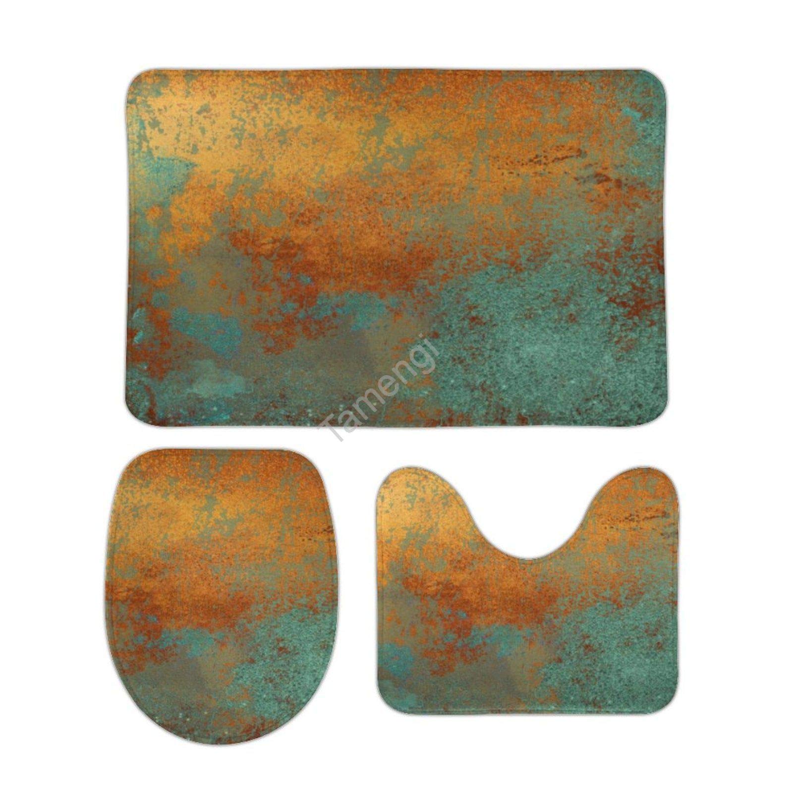 3-Piece Non-Slip Bathroom Rug Set - Trendy Metallic Copper Patina Bath Mats, Toilet Lid Cover & Floor Mat | Perfect for Modern Bathrooms, Guest Suites & Spa-Style Decor