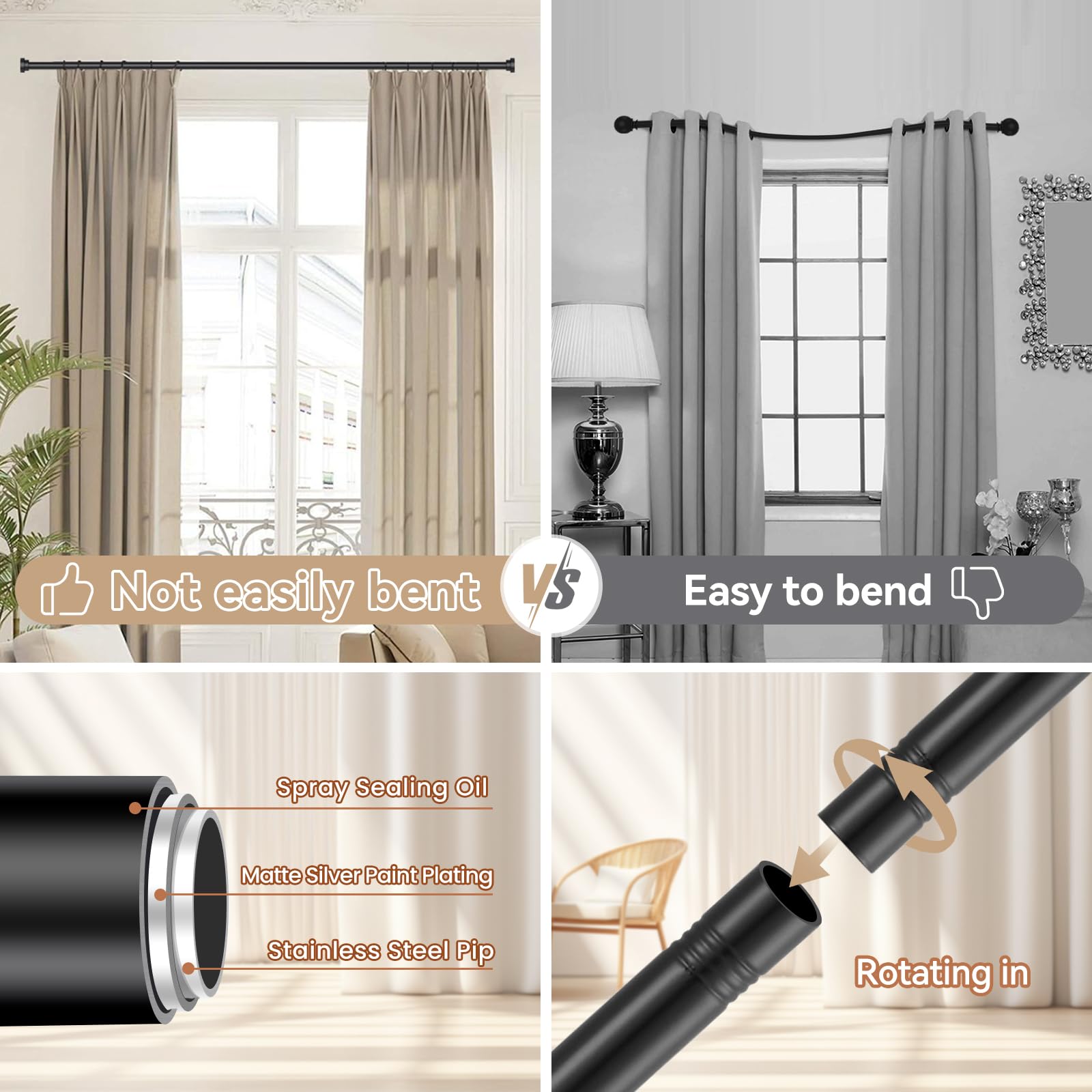 Black Curtain Rods for Windows 28-48 Inches (2.3-4ft) - 5/8 Inch Diameter Heavy Duty Metal Small Curtain Rod with Brackets - Modern Decorative Drapery Rod for Living Room, Bedroom & Office Window Treatments