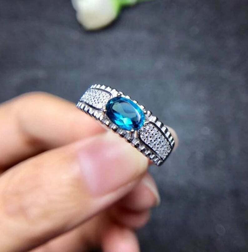 BeBold 3 Carat Oval Blue Topaz Engagement Ring for Women - Solitaire Round Accent White Gold Plated Wedding Band, Perfect for Proposals, Anniversaries & Special Occasions