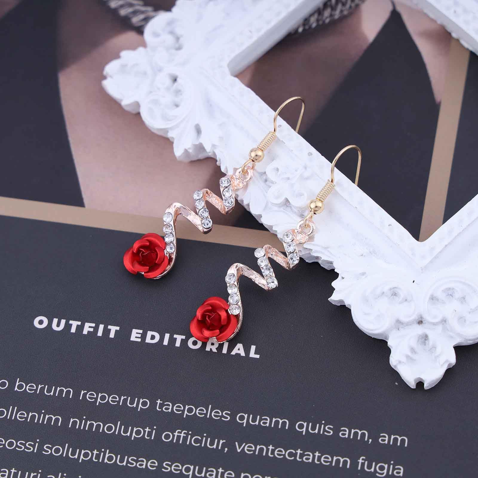 Boho Acrylic Red Rose Earrings - Romantic Cz Rose Drop Dangle Earrings for Women | Resin Flower Jewelry Gift for Her, Perfect for Weddings, Parties & Date Nights