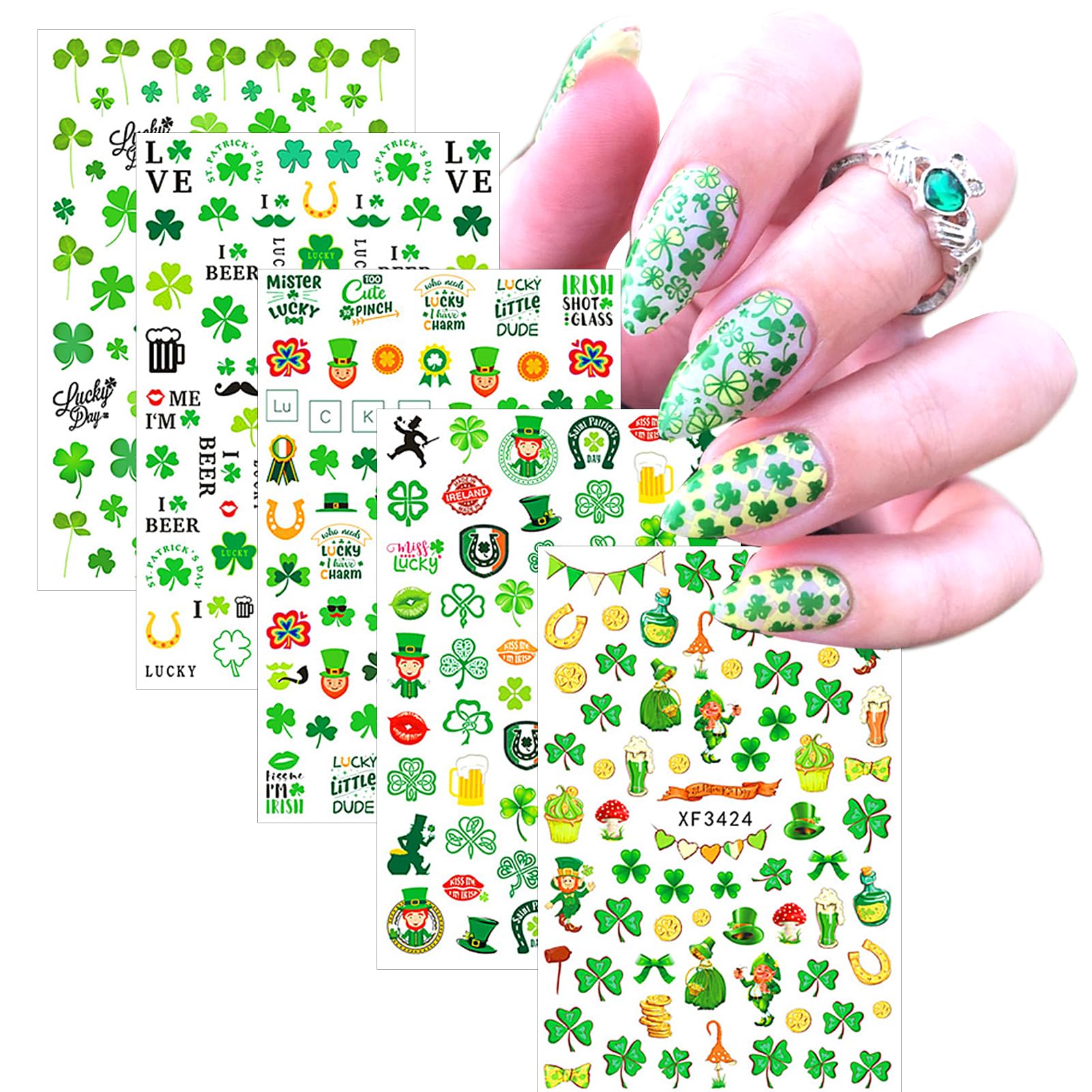St. Patrick's Day Nail Stickers - 3D Self-Adhesive Shamrock Nail Decals for Women, Green Irish Luck Nail Art Designs (10 Sheets) | Perfect for St. Paddy's Day Parties, Nail Salons & Festive Holiday Manicures