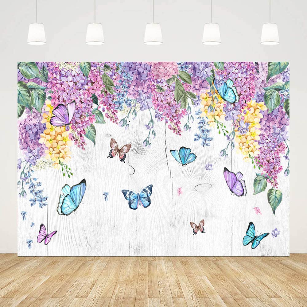 8x6ft Spring Butterfly Photography Backdrop - Purple Floral Wood Background for Birthday, Baby Shower, Wedding Photo Shoot Props | Perfect for Party Decorations, Indoor & Outdoor Events