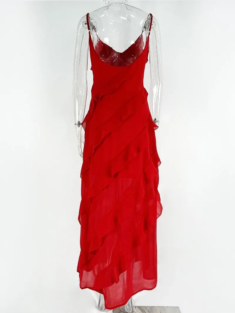 Elegant Red Chiffon Slip Dress for Women - Sexy Spaghetti Strap Backless Lace Up Ruffles Long Maxi Evening Gown | Perfect for Prom, Party, Wedding Guest & Special Occasions