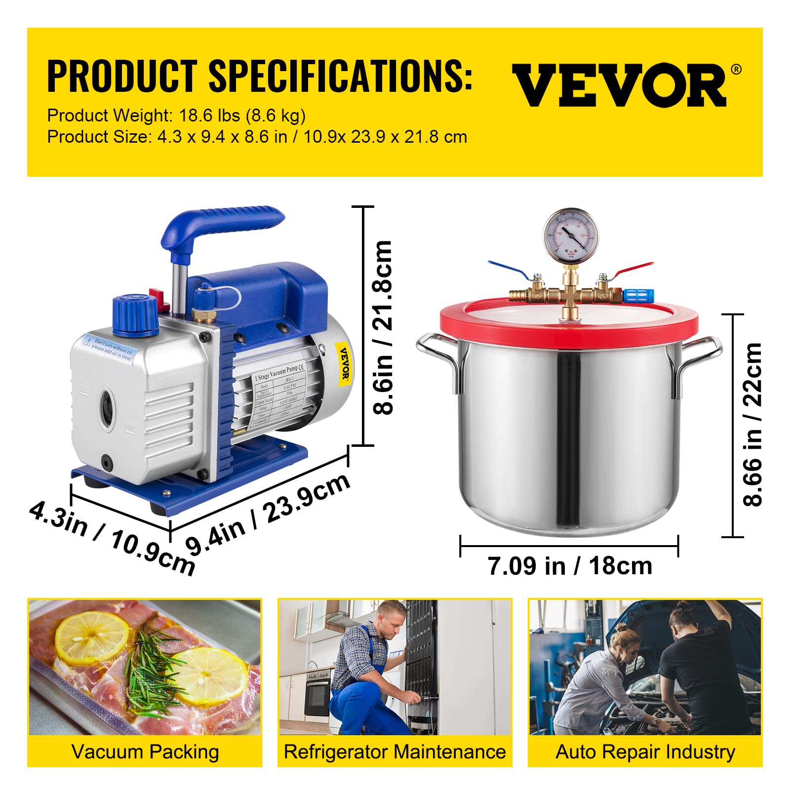 VEVOR 1.5 Gallon Vacuum Chamber Kit with 3.6CFM 1/4HP Pump - Acrylic Lid Resin Degassing System, Copper Wire Motor for Jewelry Making, Epoxy Casting & DIY Projects - Stable & Durable Design