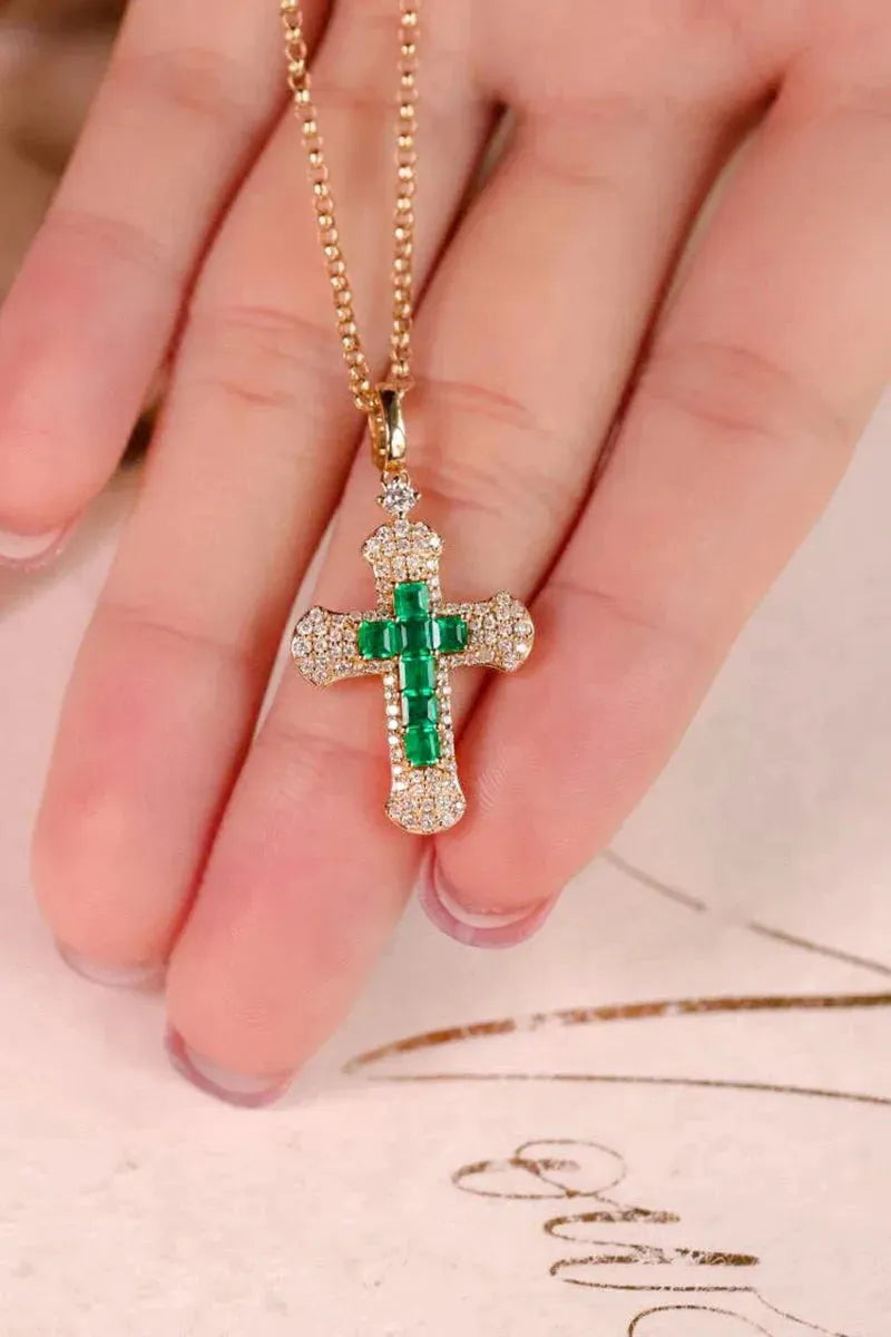 18K Yellow Gold Vintage Cross Pendant Necklace with Real Natural Emerald & Diamonds for Women | Luxury Wedding Jewelry, Anniversary Gift, Bridal Party Accessory