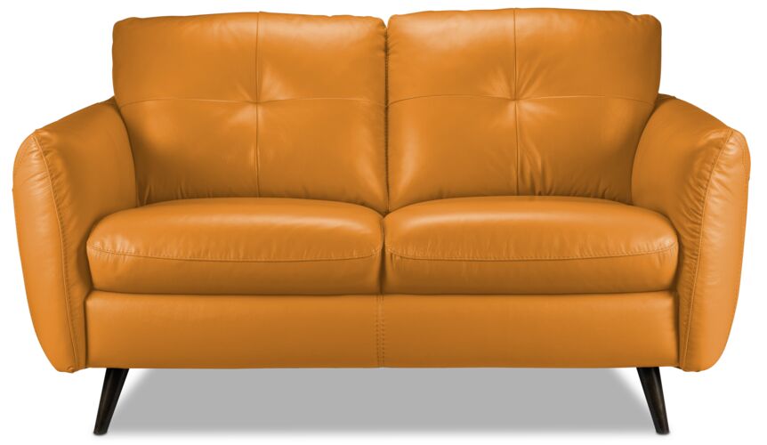 Carlino Leather Loveseat Sofa - Honey Yellow Genuine Leather 2-Seater Couch for Living Room, Lounge & Office - Modern Comfortable Small Space Furniture