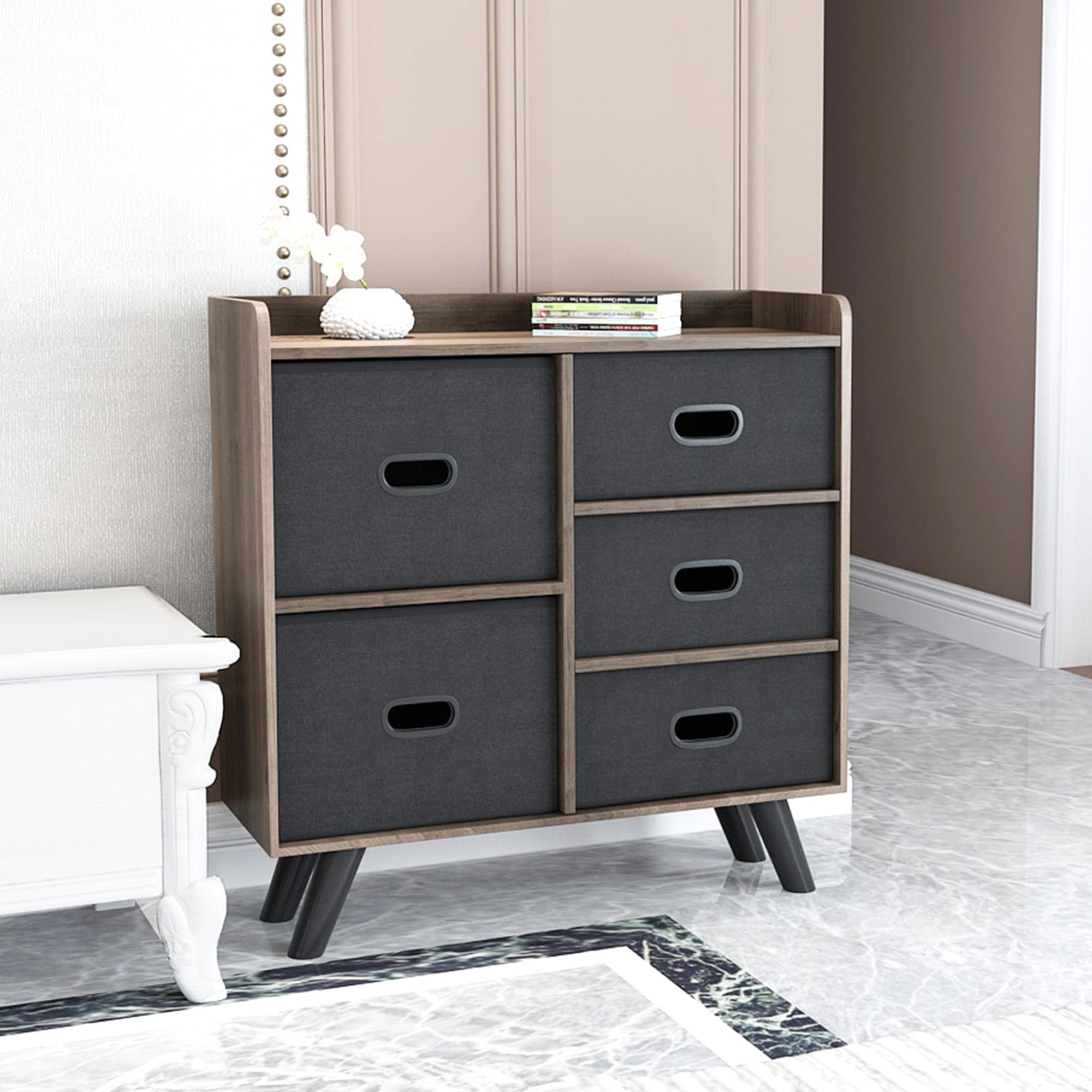 5-Drawer Fabric Dresser Organizer with Sturdy MDF Frame & Wood Top - Closet Storage Cabinet for Bedroom, Office, Dorm - Perfect for Clothes, Toys, Accessories & Home Organization