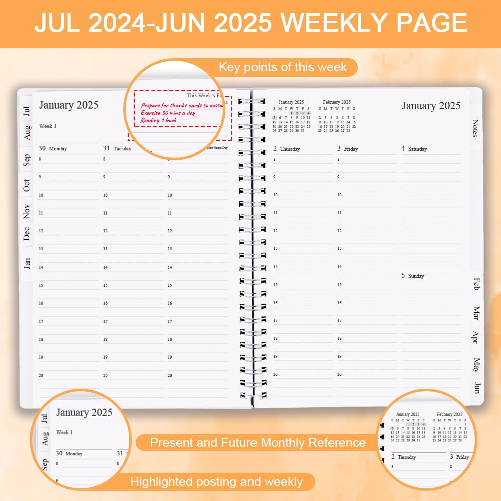 2024-2025 Monthly Appointment Planner - A5 Size (5.8x8.25 Inches) with 12 Tabs from July 2024 to June 2025, Flexible Cover & Twin-Wire Binding - Perfect for Business Professionals, Students, and Personal Organization