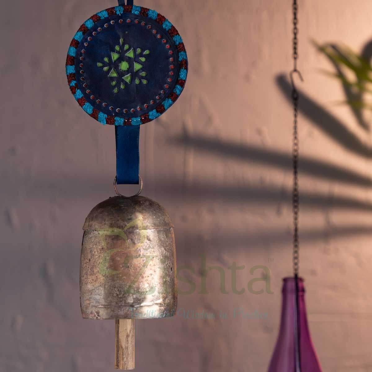 Premium Copper Coated Iron Wind Chime with Genuine Leather Hanger (Blue) - Perfect for Outdoor Garden Decor, Patio, Balcony & Feng Shui Home Accessories