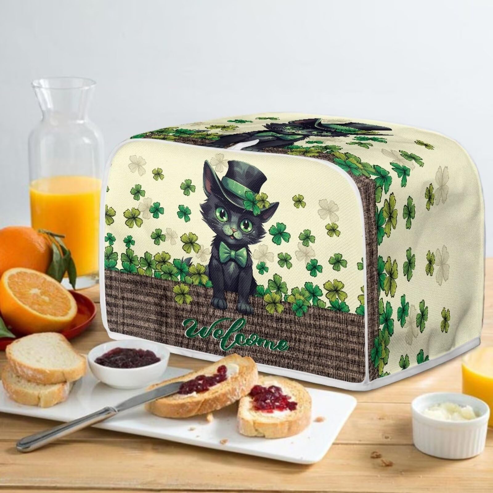 Lucky Leaves Black Cat Printed 4-Slice Toaster Cover - Universal Fit for Most Standard Toasters, Quilted Oven Bread Maker Dust Protector - Perfect for Kitchen Countertop Decor & Bakeware Protection