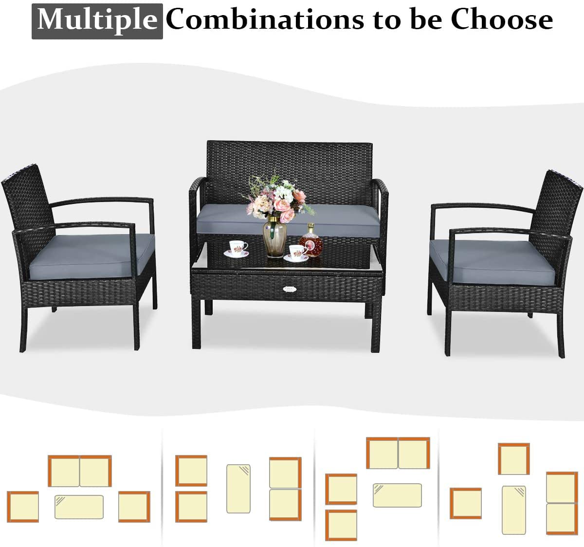 Hysache 4-Piece Outdoor Patio Rattan Conversation Set with Coffee Table & Padded Cushions - Wicker Furniture for Garden, Lawn, Courtyard, Balcony - Perfect for Relaxing, Entertaining & Outdoor Dining