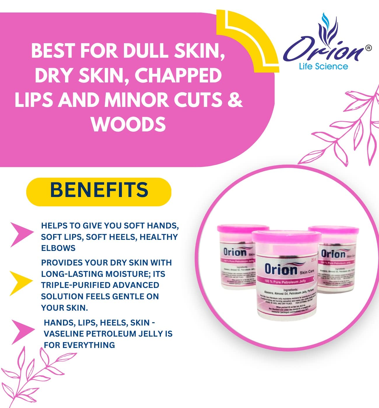100% Pure White Petroleum Jelly for Dry Skin - 3 Pack (25ml Each) | Moisturizing Winter Skin Care | Prevents Stains from Hair Dye & Nail Polish | Ideal for Cracked Hands, Lips & Face Care