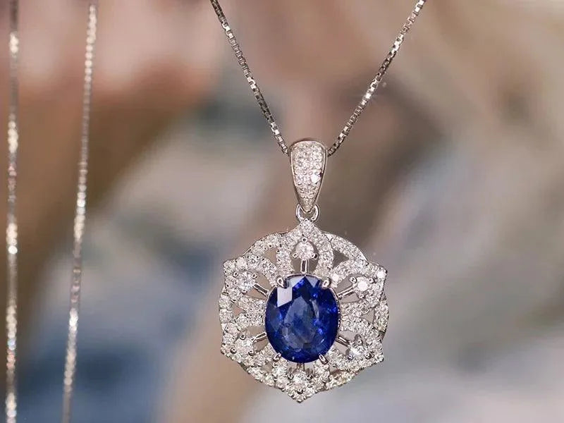 18K White Gold Blue Sapphire Sunflower Pendant Necklace for Women - Natural Diamond Jewelry Gift for Engagement, Anniversary & Special Occasions