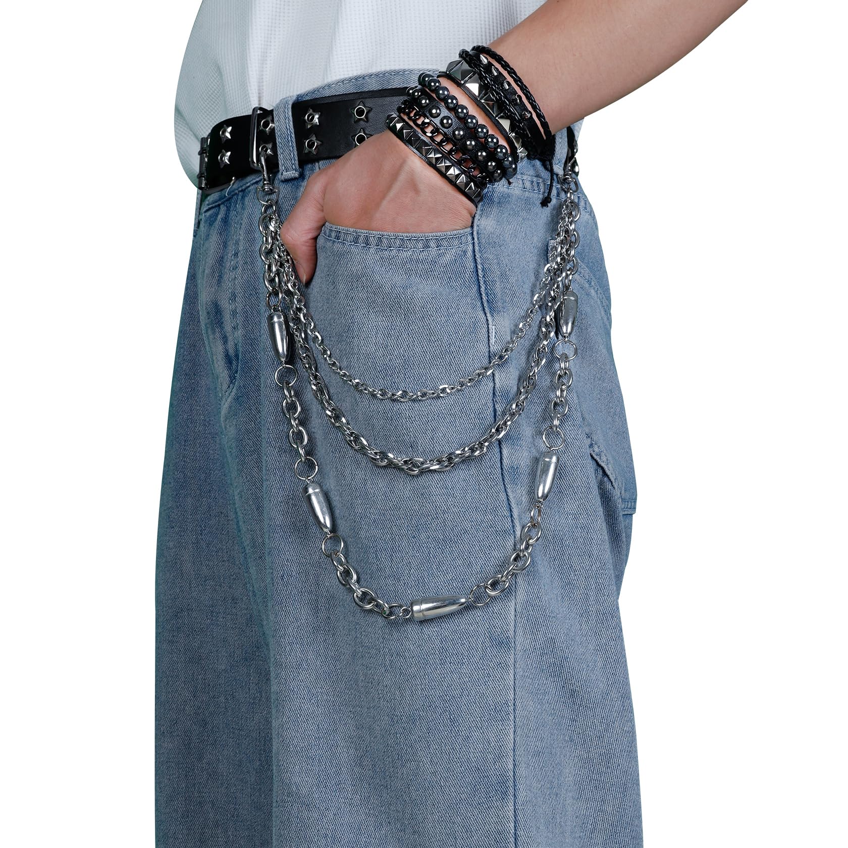 Eigso Punk Belts with O-Rings & Chains - Gothic Rock Steampunk Style Adjustable Garter Straps for Women & Men (PU Leather) - Perfect for Cosplay, Halloween, Rock Concerts & Alternative Fashion