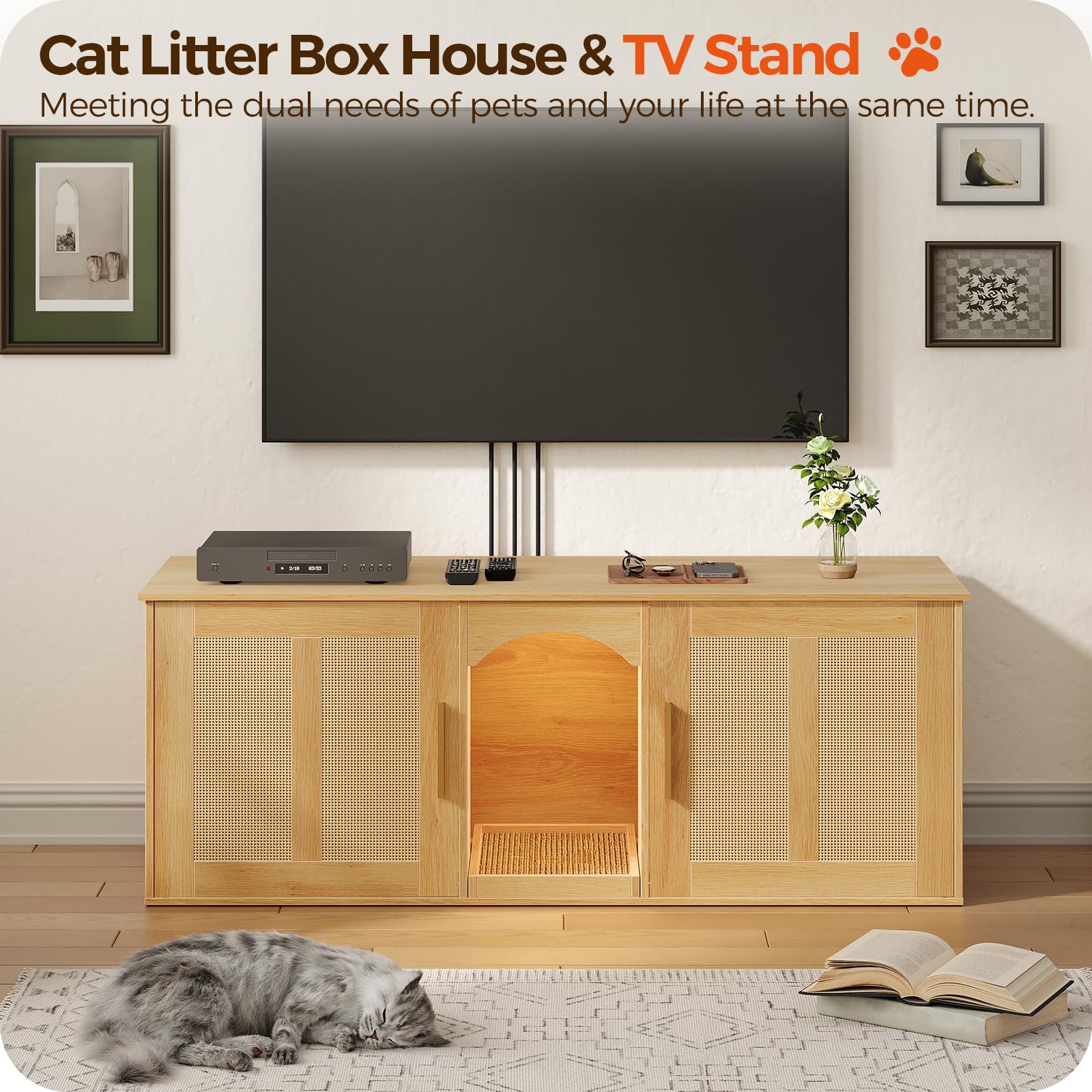 Stylish Rattan Door Cat Litter Box Enclosure for 2 Cats - 47.2