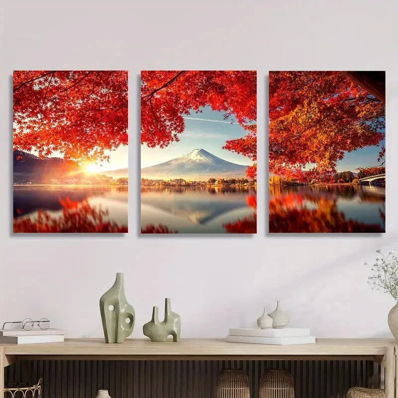 3-Piece Autumn Mount Fuji Landscape Metal Wall Art Prints - Ready to Hang Home Decor for Living Room, Bedroom & Office