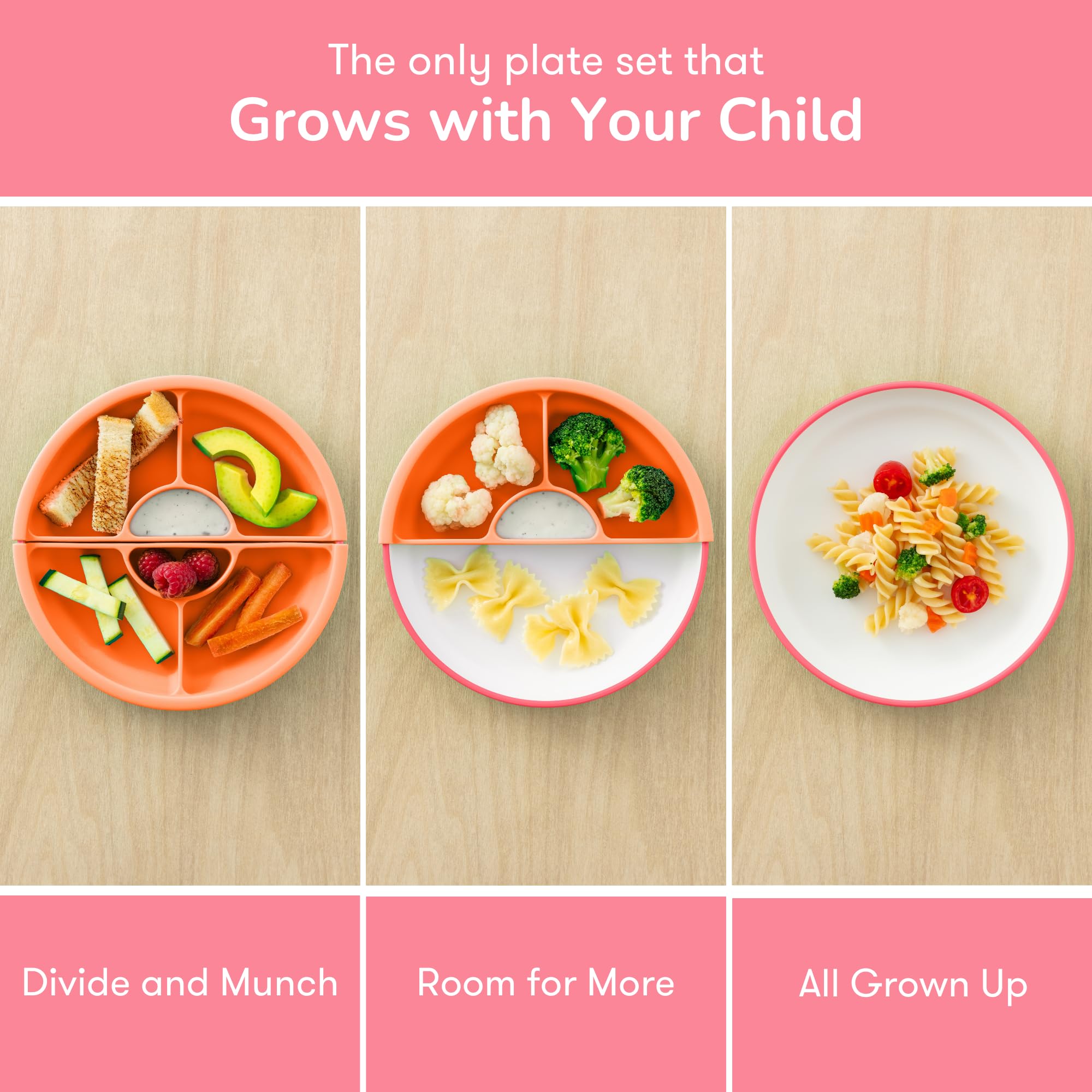 Omie® Easy Scoop Kids Plates - Eco-Friendly Plant-Based Dishware with Built-In Spoon Guide | 3 Divided Plates + 2 Silicone Dividers | Pink | Perfect for Toddler Mealtime & Mess-Free Dining