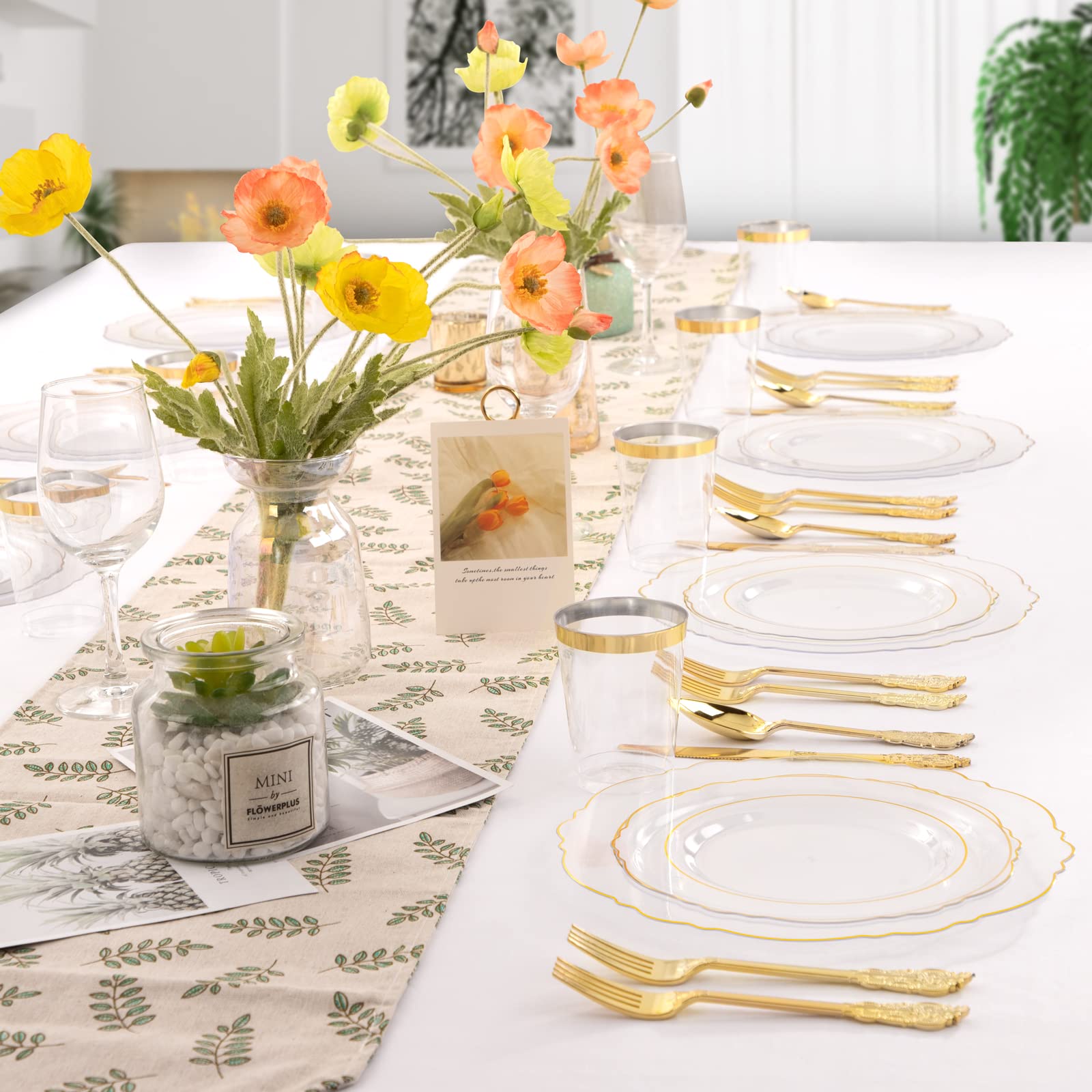 100-Pack Elegant Clear Plastic Plates with Gold Trim - Baroque Style Disposable Dinnerware Set for Weddings, Parties & Events (50x 10.25