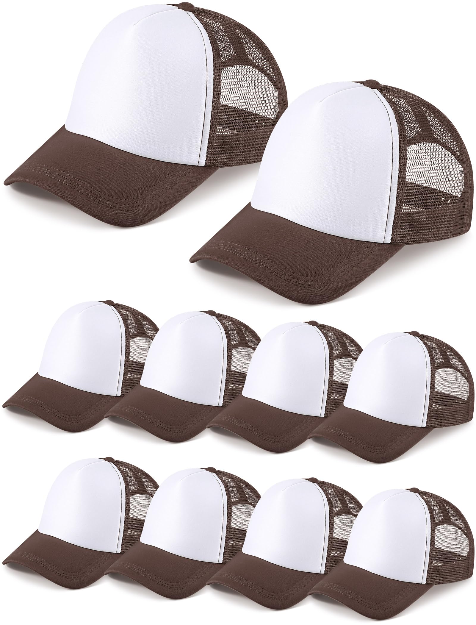 10 Pack Sublimation Blank Trucker Hats - Bulk Mesh Baseball Caps for Men & Women - Polyester Adjustable Snapback Hats (Coffee/White) - Perfect for Custom Printing, Sports Events & Outdoor Activities
