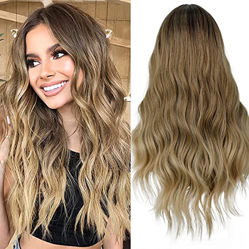 Long Straight Ombre Brown Wig with Middle Part - Natural Looking Synthetic Hair for Daily Wear & Cosplay