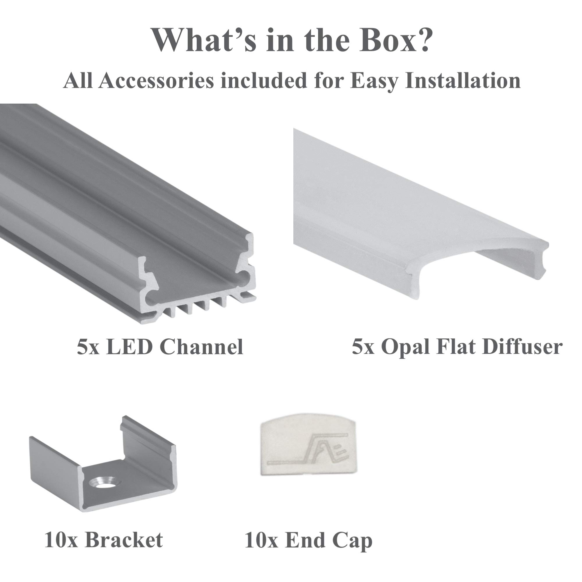 5-Pack 8ft (2.4Meter) U-Shaped LED Aluminum Channel with Frosted Flat Diffuser - 967 Series LED Profile Extrusion Kit with End Caps & Mounting Accessories for Home, Office and Commercial Lighting Installation