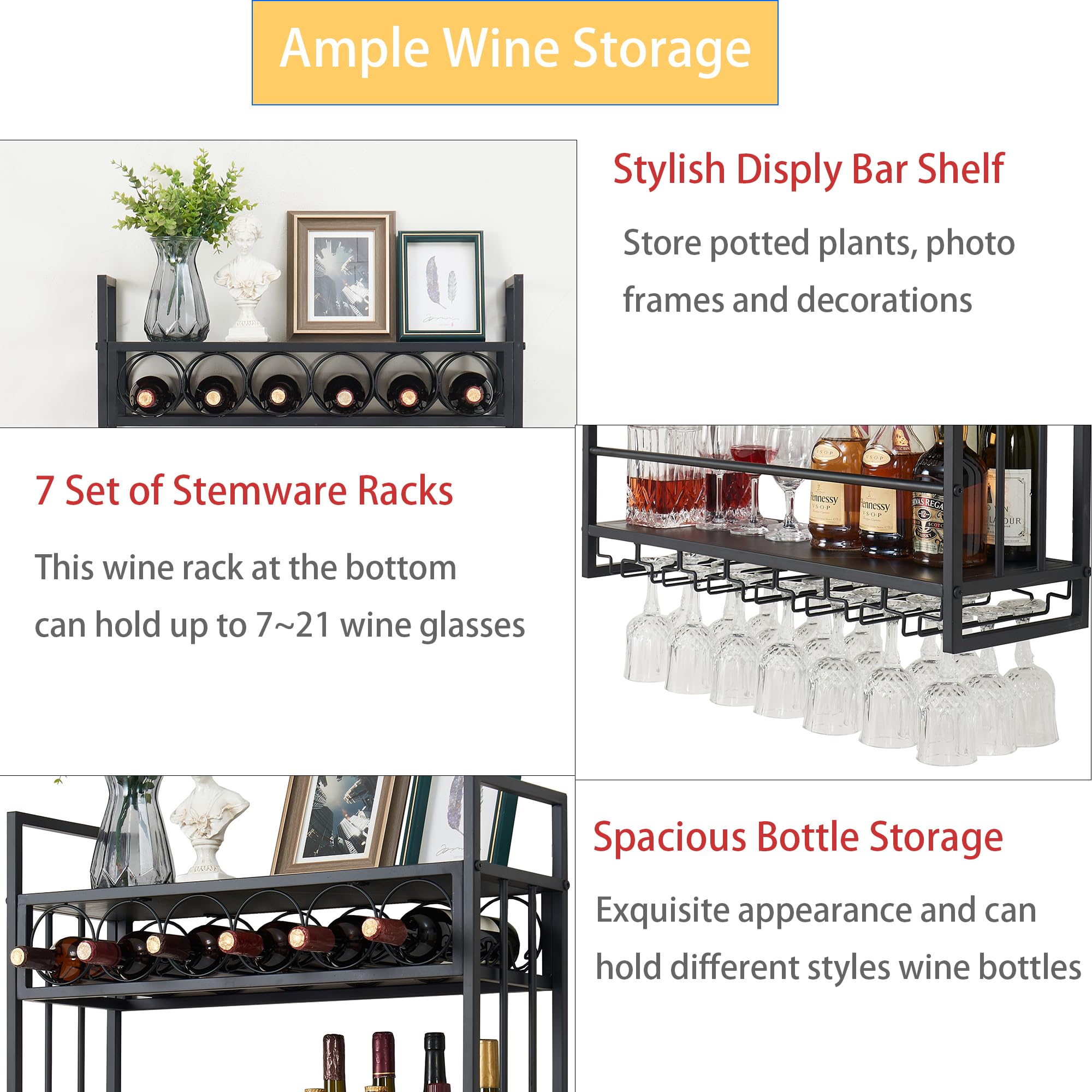 Wall Mounted Wine Rack with Glass Holder - Floating Metal Liquor Shelf for Wine Bottle Storage & Display - Black Bar Decor for Kitchen, Dining Room or Home Bar