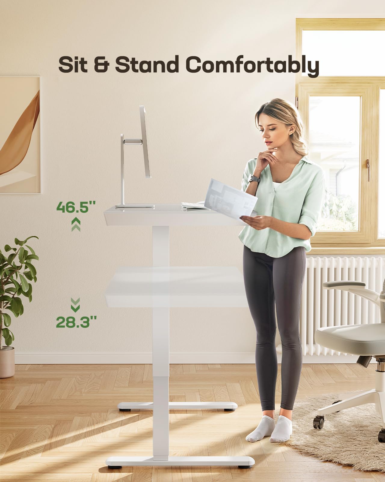 Marsail 48 x 24 Inch Electric Height Adjustable Standing Desk with Drawer Storage, USB Charging Ports & One-Piece Tabletop - White | Ergonomic Sit Stand Desk for Home Office, Gaming & Workspace