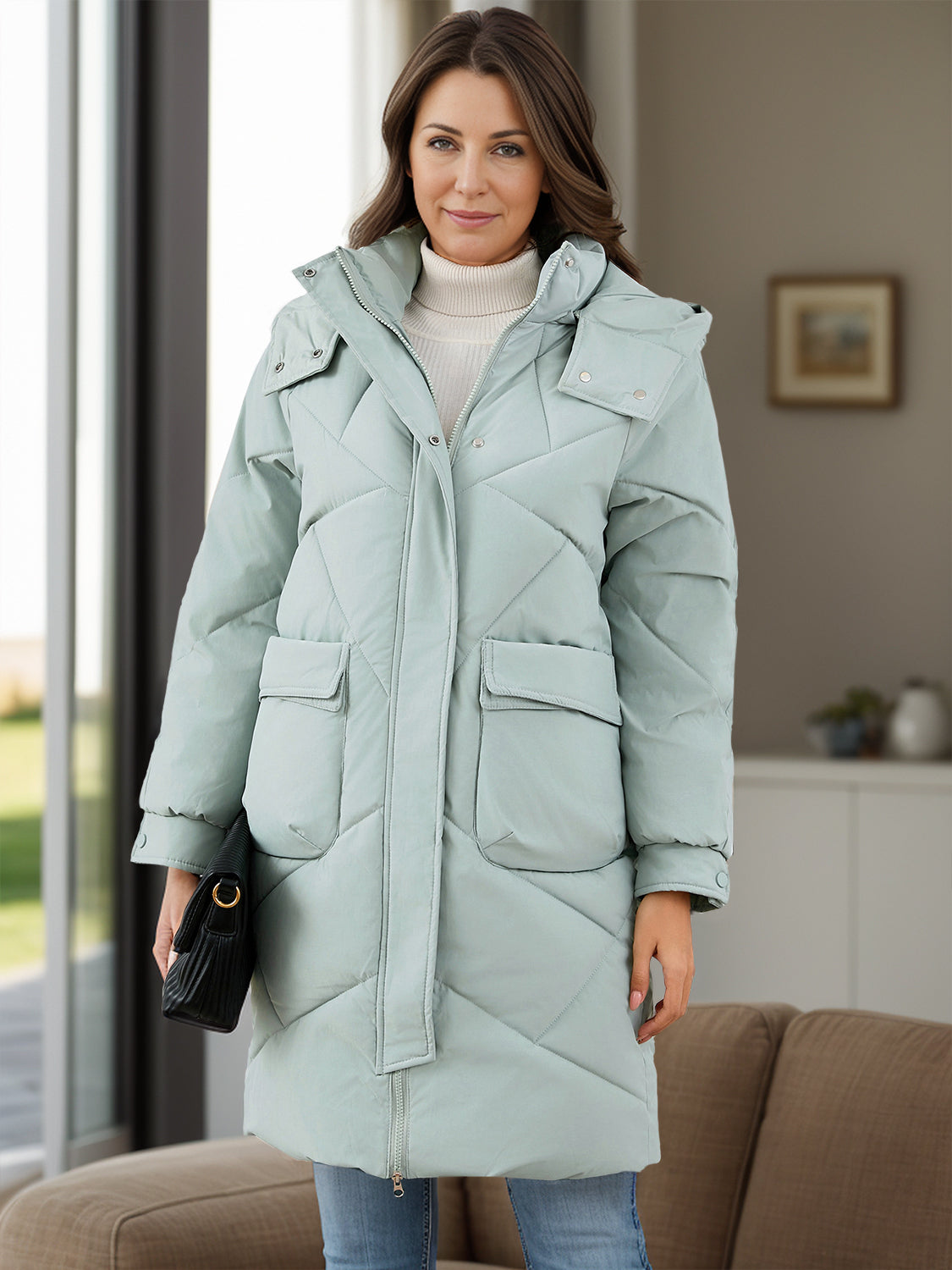 Men's Long Sleeve Longline Hooded Winter Coat with Pockets - Warm Fleece Lined Jacket for Cold Weather Outdoor Activities