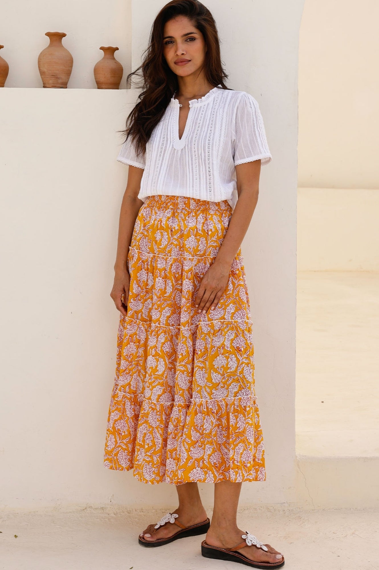 One Size Floral Print Skirt - Dianthus Yellow & White | Women's Summer Skirt for Beach, Vacation & Casual Outfits