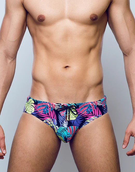 2eros Monstera Swim Brief for Men - Black Quick Dry Swim Trunks for Beach, Pool & Gym Workouts