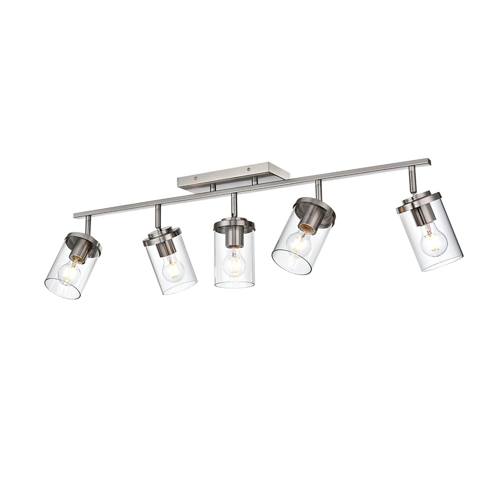 BONLICHT Modern 5-Light Brushed Nickel Track Lighting Fixture - Flush Mount Ceiling Light for Kitchen, Bathroom, Living Room - Industrial Style Spot Lights with Clear Glass Shade - Perfect for Home, Office, Restaurant Lighting