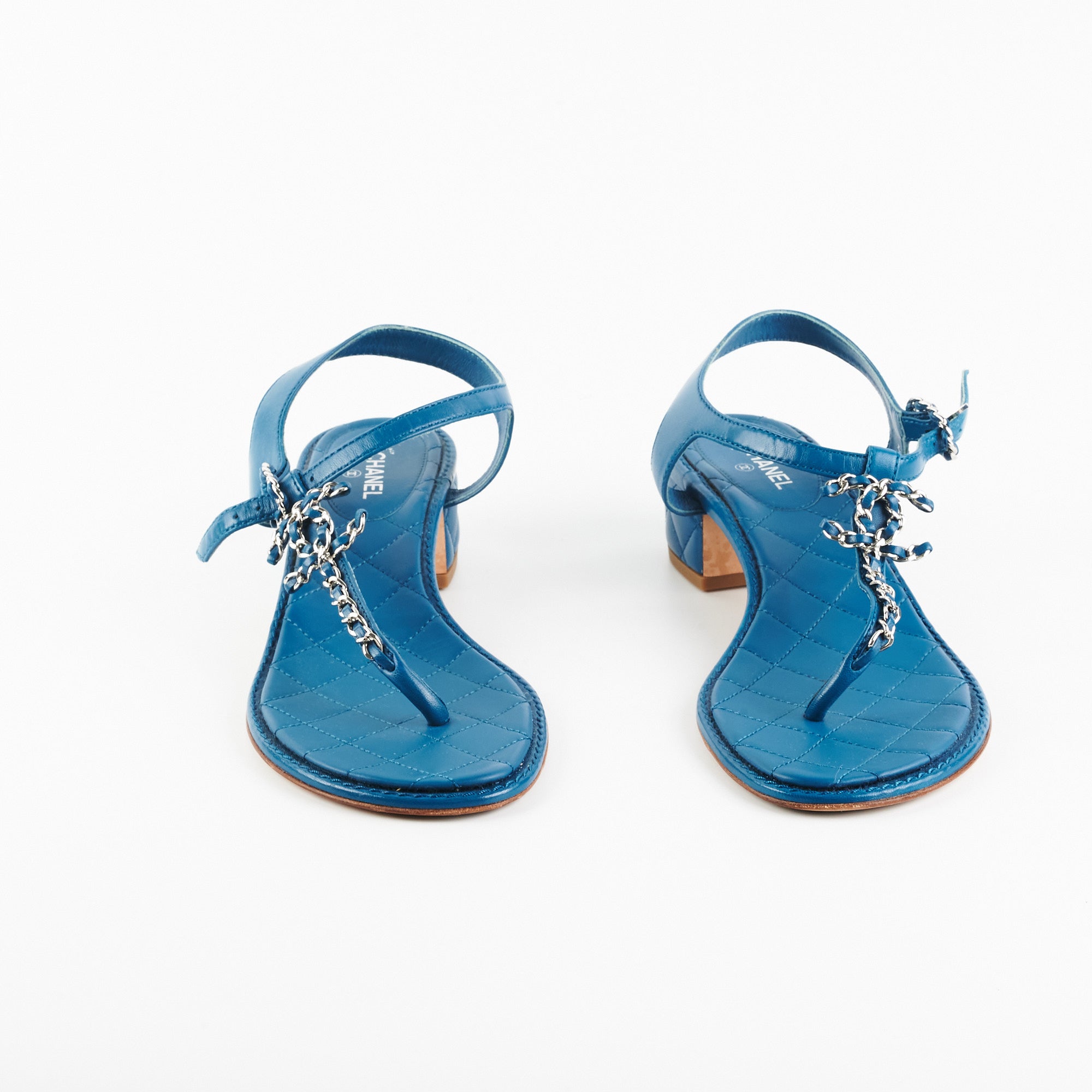 Chanel Blue Leather Sandals for Women - Size 39.5 EU (US 9) - Comfortable Luxury Summer Shoes for Beach, Vacation & Casual Outings