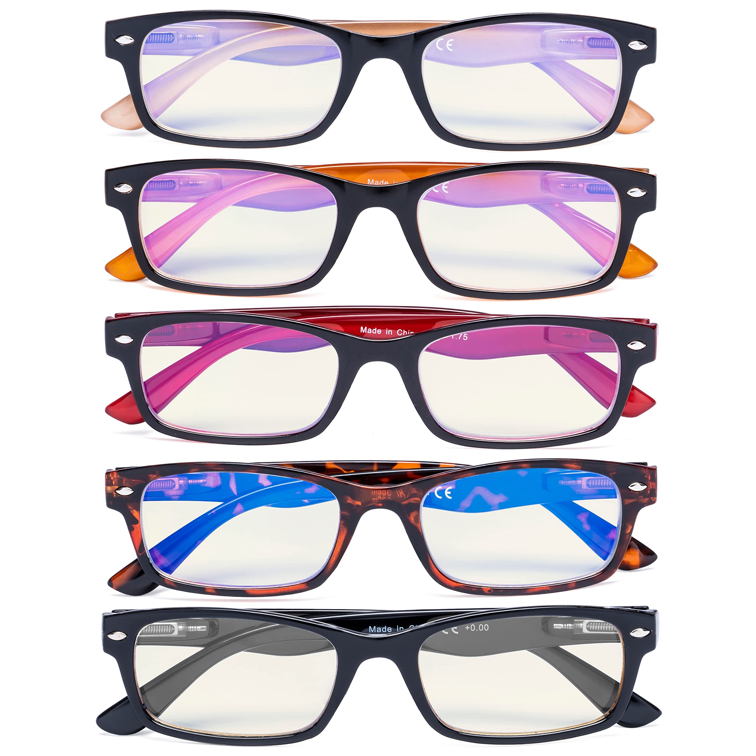 Eyekepper 5 Pack Blue Light Blocking Glasses for Computer & Reading - Rectangular Frame +1.50 Magnification - Reduce Eye Strain for Work, Gaming & Screen Time