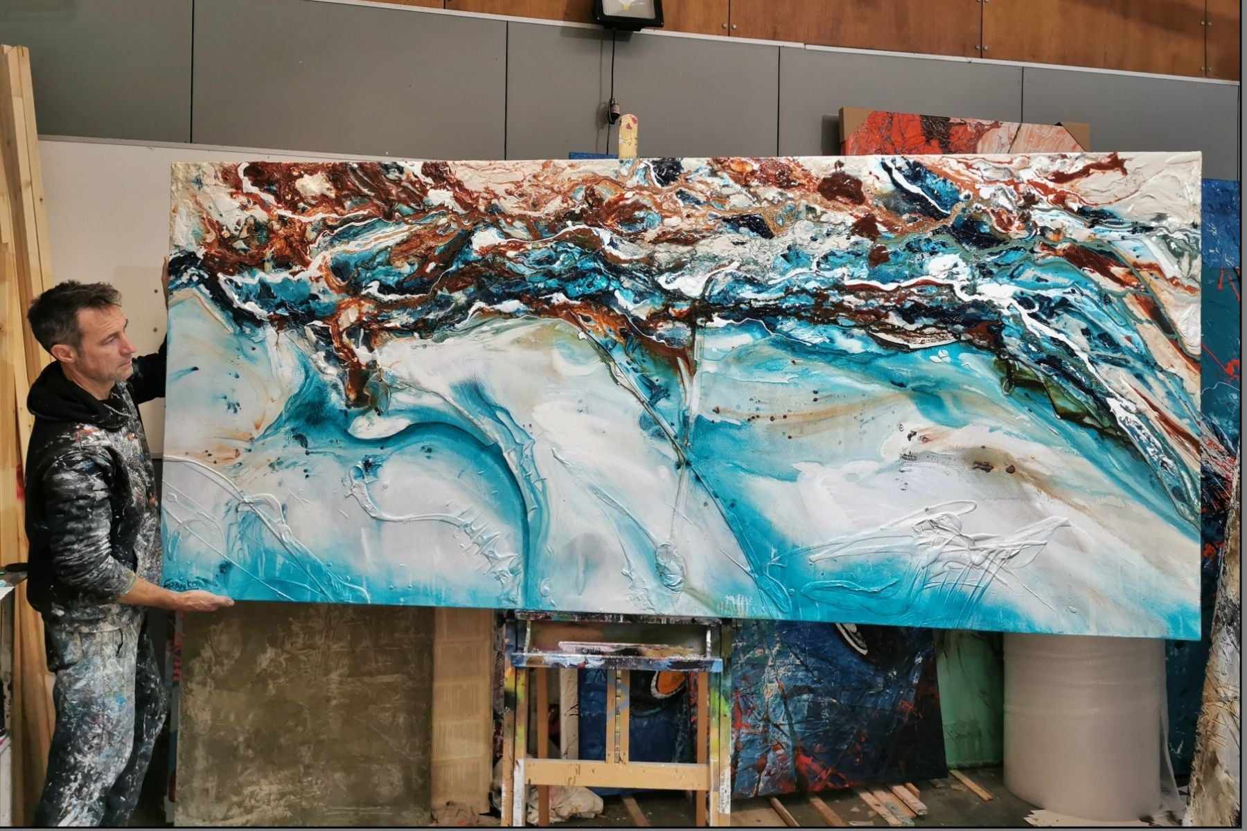 Turquoise Cream Textured Abstract Painting - 270cm x 120cm Crushed Southern Chill Style Wall Art for Living Room, Bedroom & Office Decor