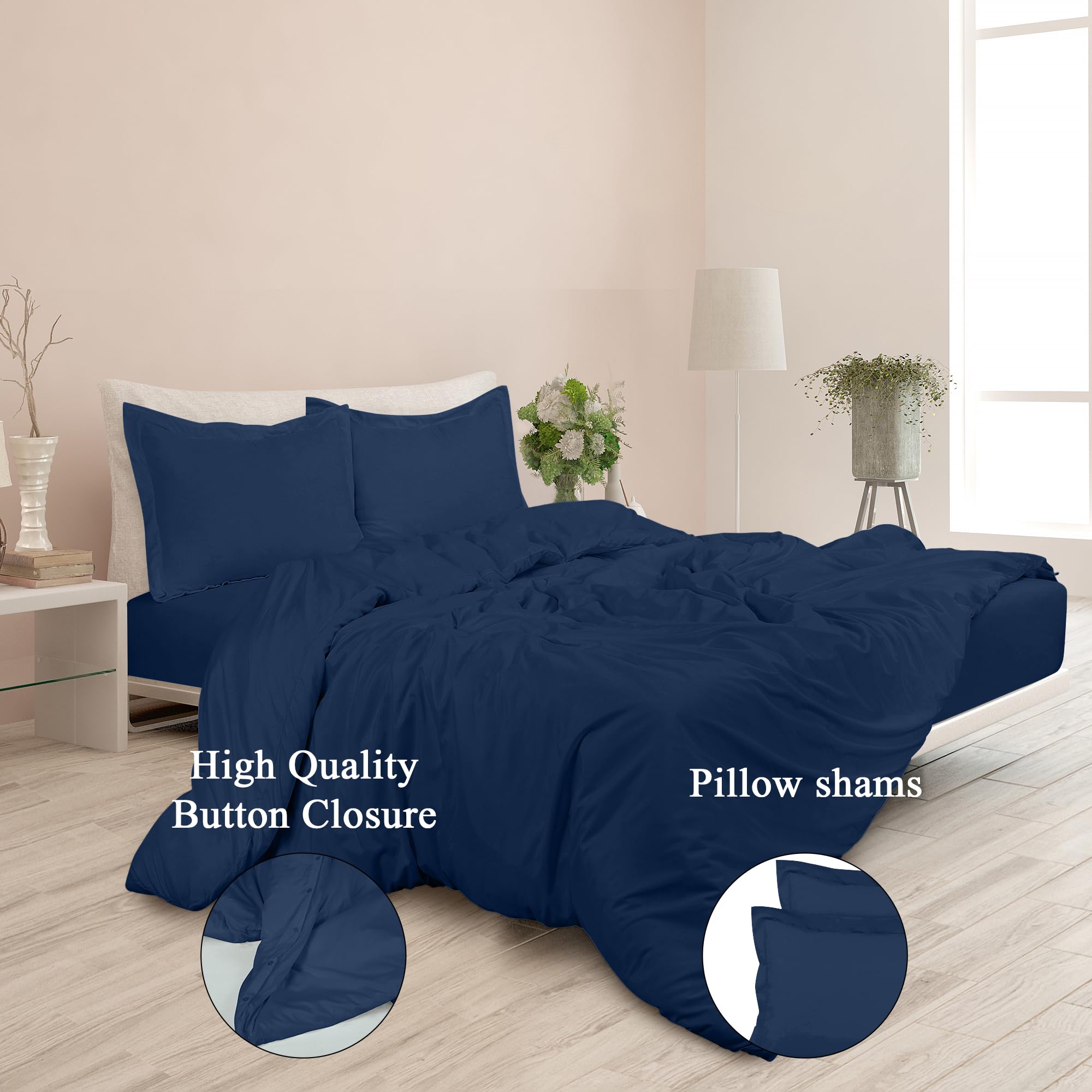 ROYALE Navy Duvet Cover Queen Size - 3 Piece Luxury Bedding Set with Button Closure - 90x90 Inch Duvet Cover & 2 Pillow Shams - Soft Microfiber Comforter Cover - Perfect for Master Bedroom, Guest Room & Vacation Homes
