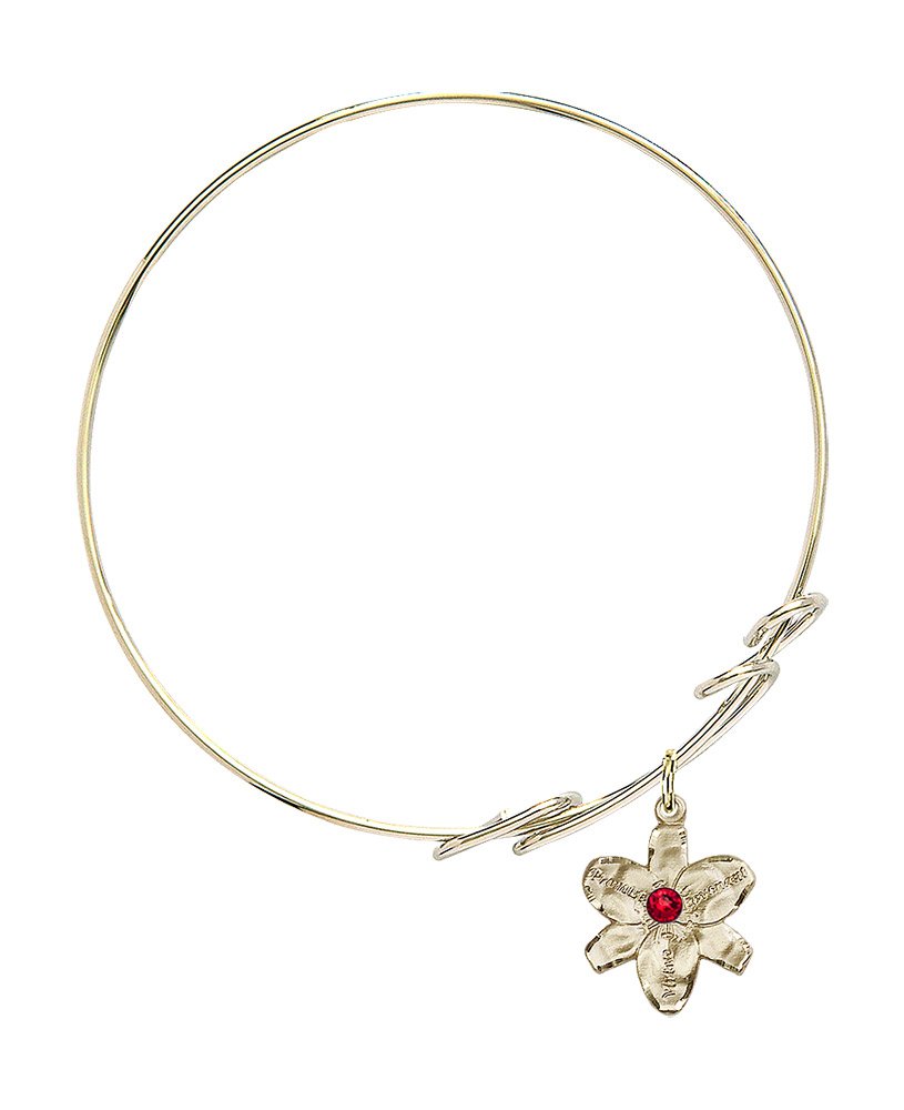 7 1/2 Inch Round Double Loop Bangle Bracelet with Chastity Medal Charm and July Red Crystal - Elegant Jewelry for Women, Perfect for Weddings, Anniversaries & Special Occasions
