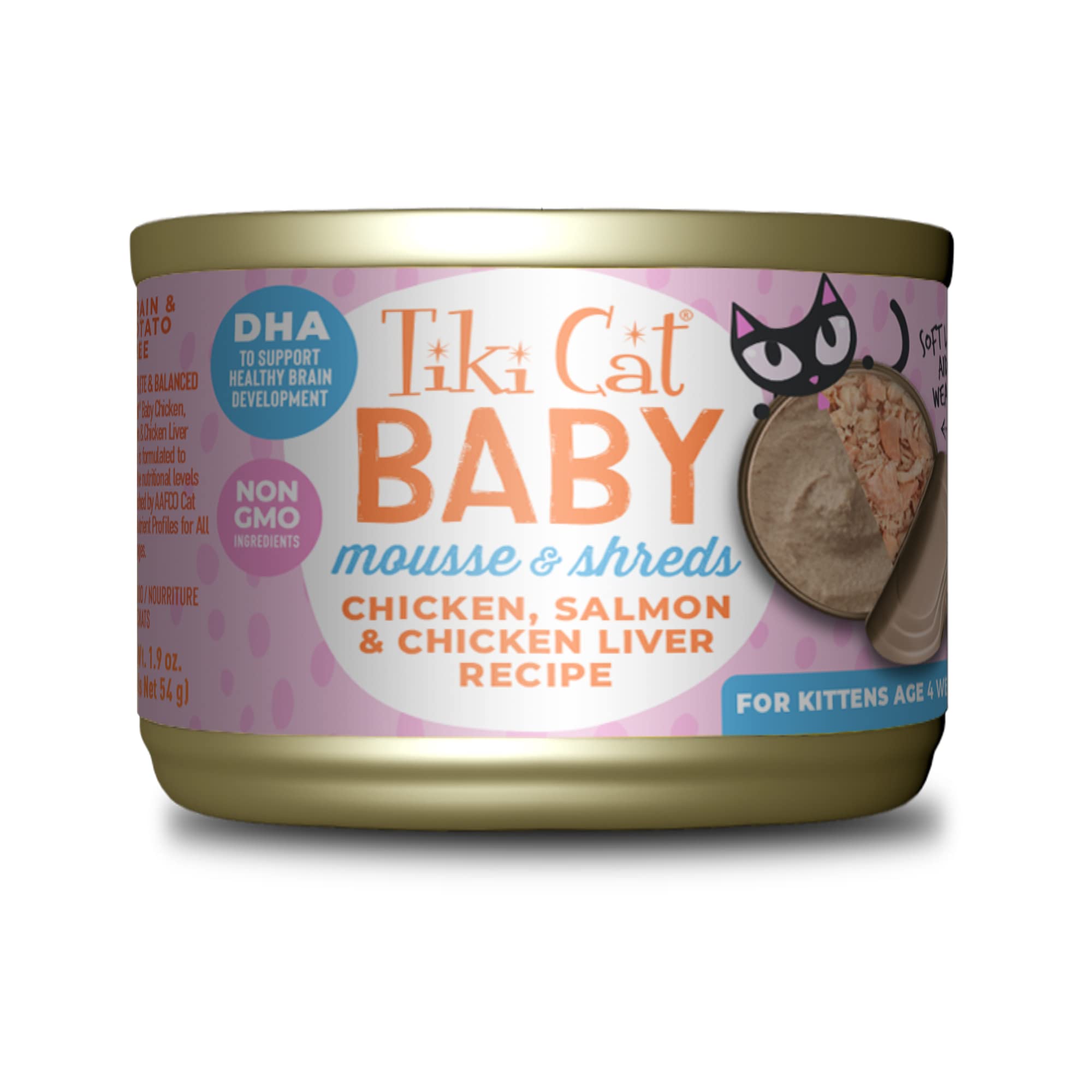 Tiki Cat Baby Mousse & Shreds Wet Cat Food - High-Protein Chicken, Salmon & Chicken Liver Recipe for Kittens 4+ Weeks - 1.9 oz Cans (Pack of 3) - Perfect for Weaning Kittens & Picky Eaters
