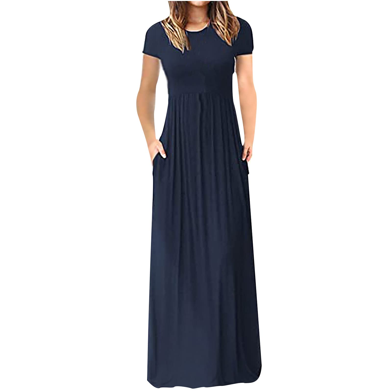 Women's Summer Dresses 2023 - Casual Short Sleeve Loose Fit O-Neck Maxi Dress with Pockets | Wedding Guest, Beach, Party & Everyday Wear