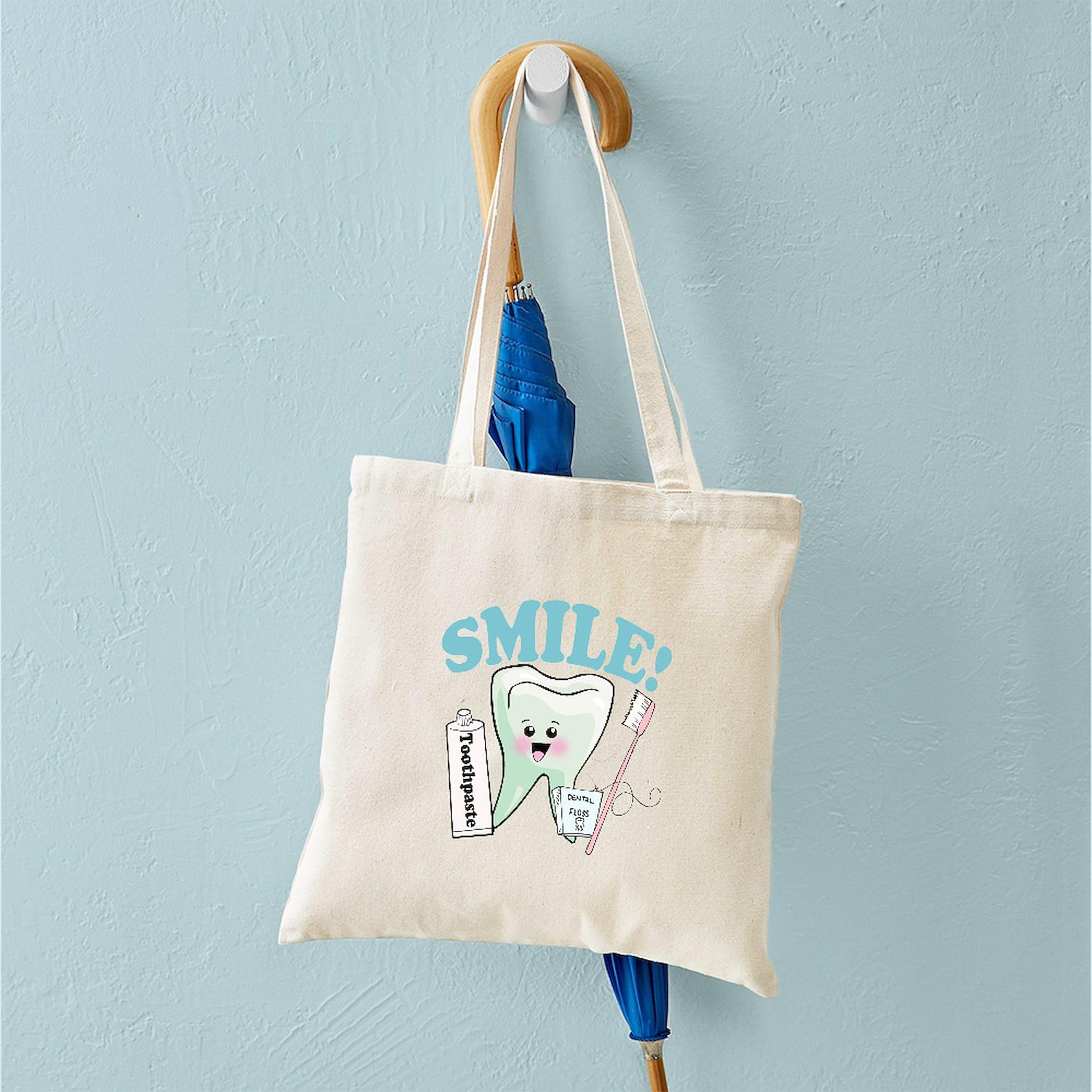 Smile Dentist Dental Hygiene Tote Bag - Natural Canvas Reusable Shopping Bag for Dental Professionals & Students | Perfect for Work, School & Groceries
