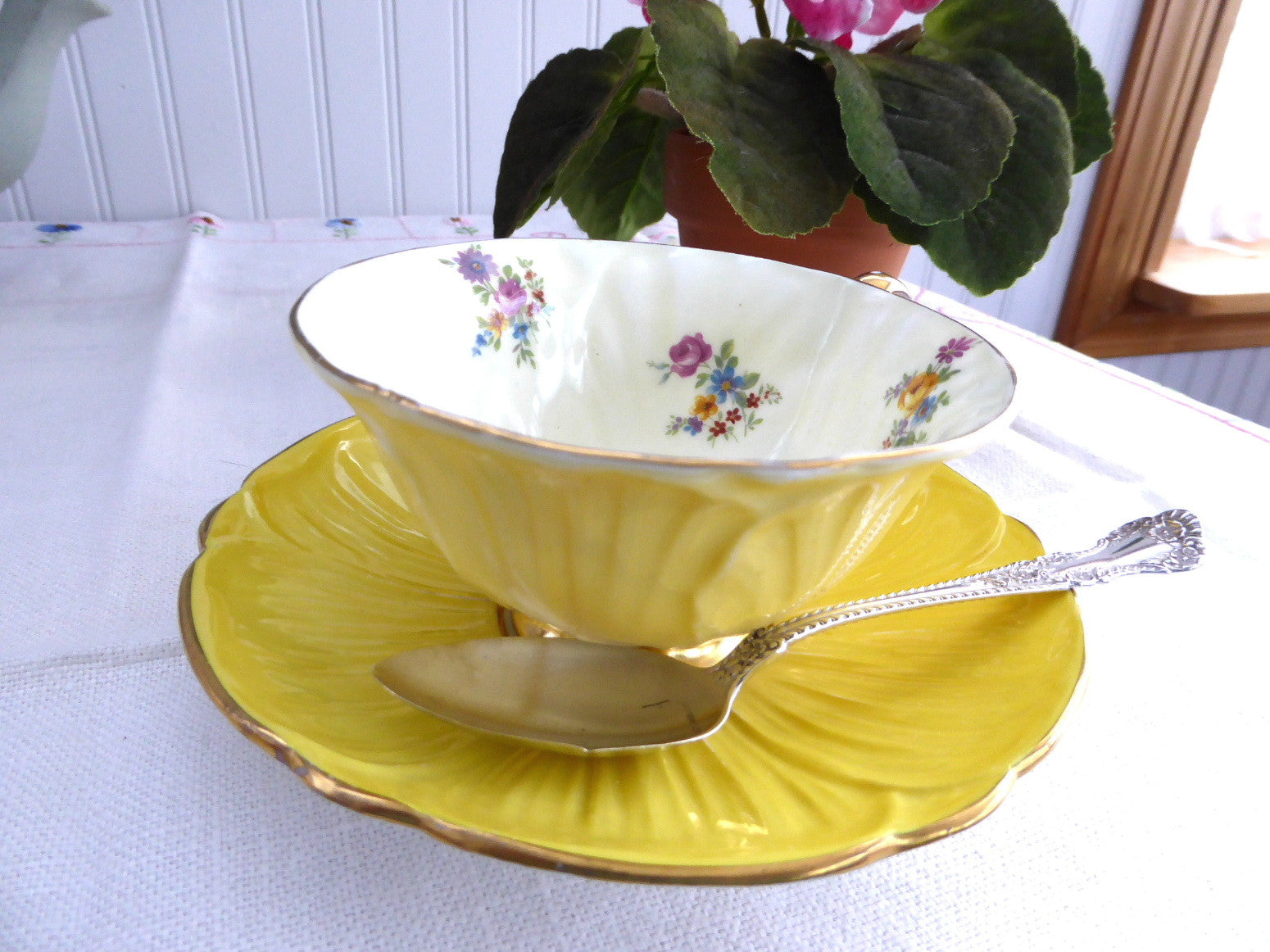 Vintage Shelley Primrose Yellow Dresden Footed Oleander Teacup with Burnished Gold Trim - Elegant English Afternoon Tea Set for Bridal Showers, High Tea Parties & Antique Collectors