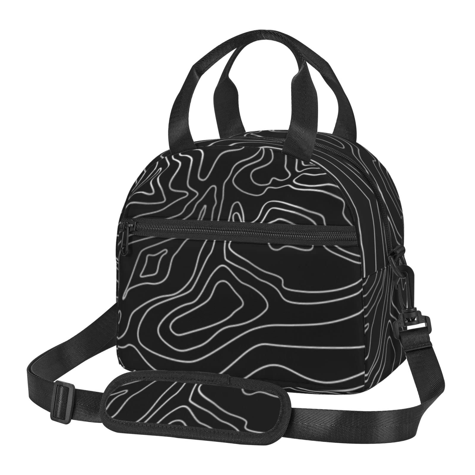Premium Insulated Lunch Bag for Men & Women - Large Black & White Topographic Design, Durable Lightweight Tote with Adjustable Shoulder Strap - Perfect for Office, Work, School & Outdoor Picnics
