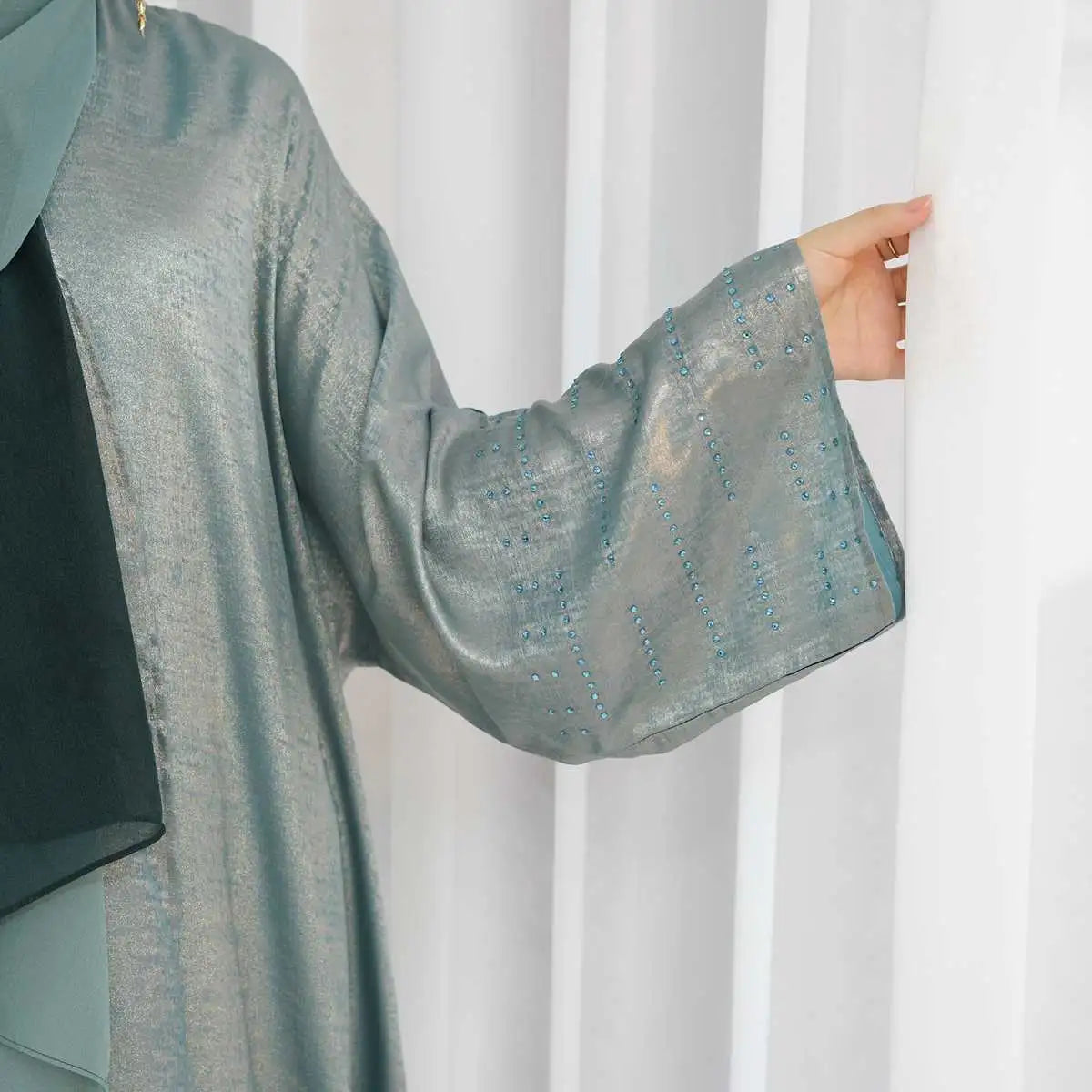 Shiny Beaded Cardigan Open Abaya Dress - Elegant Muslim Women's Cover-Up for Weddings, Parties & Special Occasions