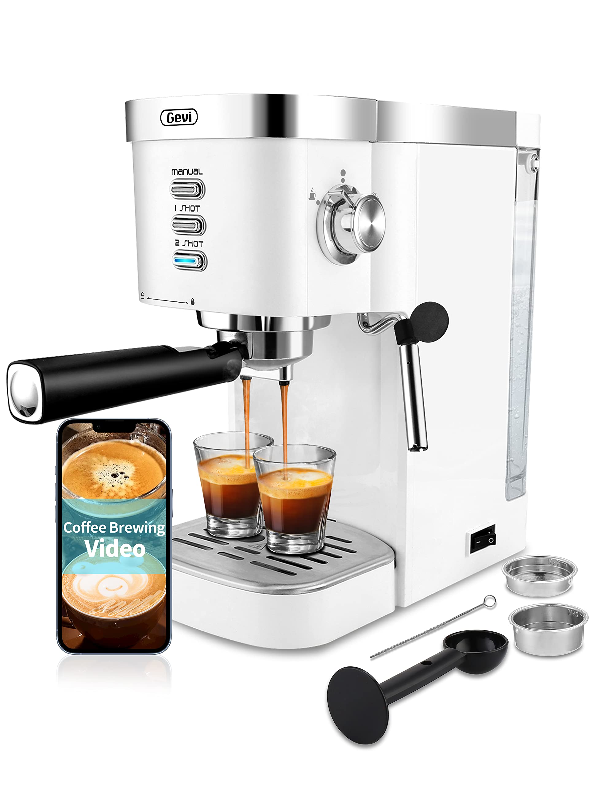 Gevi 20 Bar Espresso Machine with Milk Frother - Fast Heating Automatic Coffee Maker for Cappuccino, Latte, Macchiato - 1.2L Removable Water Tank, 1350W, White - Perfect for Home Baristas & Coffee Lovers